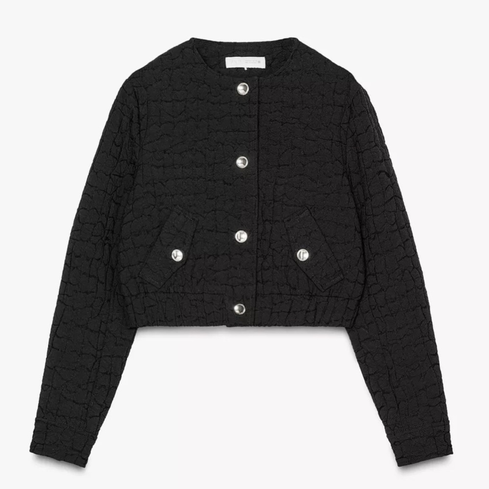 Zara Black Quilted Bomber Jacket with Gold Buttons Size Medium